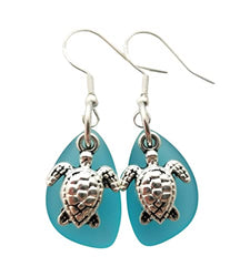 Handmade in Hawaii,"Twin Turtles" Turquoise Bay blue sea glass earrings, December Birthstone",(Hawaii Gift Wrapped, Customizable Gift Message)
