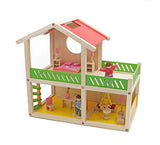 HoneyKidz Wooden Dollhouse with 12-Pc Furniture and 3 Dolls Sturdy 2 Story Doll House Pretend Play Toy with Rooftop Balcony