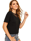 Romwe Women's Contrast Mesh Short Sleeve Summer Top T-Shirt Black US 8-10/Large