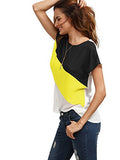 ROMWE Women's color block blouse short sleeve Casual Tee Shirts Tunic Tops, Black/Yellow/White, Large