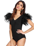 Romwe Women's V Neck Ruffle Mesh Sleeve Stretchy Party Romper Bodysuit Black L