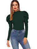 Romwe Women's Elegant Mock Neck Keyhole Back Leg-of-Mutton Long Sleeve Blouse Green Small