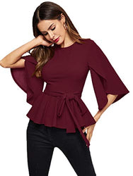 Romwe Women's Split Half Sleeve Zipper Belted Knot Drap Casual Slim Blouse Top Burgundy L