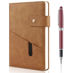 A5 Leather Journal Notebook with Pen, 200 Pages Hardcover Journal with Pocket, 100gsm Thick Lined Paper Daily Diary for Men and Women, Great Gift for Business School Travel Personal - Brown