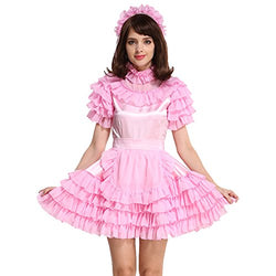 Women Sissy Lockable Maid Light Pink Stain Dress Uniform Costume (Medium)