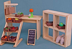 Dollhouse Furniture Vegetable shop, vegetables and fruits in boxes, counter, greengrocer's, street trade showcase, Blackboard Chalk for Barbie dolls