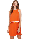 Romwe Womens Round Neck Tassel Trim Sleeveless Mini A-line Dress Orange XS