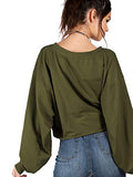 Romwe Women's Drop Shoulder Lantern Sleeve Pullover Sweatshirt Army Green M