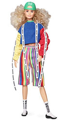 Barbie BMR1959 Fashion Doll with Curly Blonde Hair, in Color Block Sweatshirt with Logo Tape, Fully Poseable, with Accessories and Doll Stand