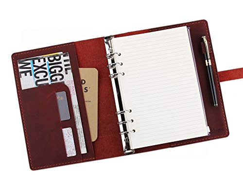 Leather Writing Journal Diary Notebook refillable, Handmade A5 Leather Organizer Planner, 6 Ring binder Journal Cover with Pocket for A5 fill paper - Wine