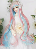 (18-18.5CM) BJD Doll Hair Wig 8-9" 1/4 MSD DZ DOD LUTS Long Wavy Hair / 3 Colors Mixed Light-Golden + Light-Blue + Pink / FBE042