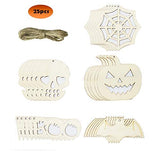 Sunsunstar 25PCS Halloween Unfinished Wooden Cutouts Banner Favor Tags Gift Tags Treats Tags for DIY Kids Cards Crafts Decorations with Bats, Skulls,Spider Web, Funny Pumpkins，Boo.