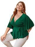 Romwe Women's Plus Size Ruffle Short Sleeve Wrap V Neck Belted Babydoll Tops Blouse Green#1 1X Plus