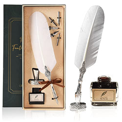 FunWr1te Feather Pen and Ink Set |Silver Wing| Quill Pen Set Antique Calligraphy Dip Pen with Black Ink, 5 Replacement Nibs, Pen Stand Holder, Luxury Vintage Signature Pen Gift Set (White)