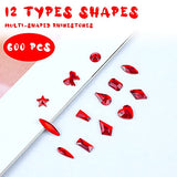 Rhinestones for Nails, 3000Pcs Nail Gems and Rhinestones Set, Colorful Flatback Mutil Shapes Red Crystals Nail Jewels for Nail Art Acrylic Nails, Non-Hotfix Rhinestones with Wax Pen Tweezers Box