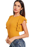 Romwe Women's Stretchy Flutter Sleeve Slim Solid Elegant Blouse Top Yellow S