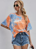 Romwe Women's Summer Short Sleeve Casual Tee T-Shirt Top Tie Dye Orange Blue M