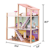 Wooden Dollhouse Dreamhouse with Light, 17pcs Furnitures, Movable Stairs, Pretend Play Toys for Girls & Toddlers, Gift for Ages 3+