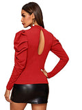 Romwe Women's Elegant Mock Neck Keyhole Back Leg-of-Mutton Long Sleeve Blouse (X-Large, Red#)