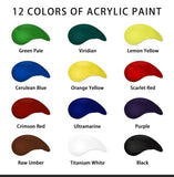 Acrylic Paint Set Non Toxic - 12ml (0.4 fl oz) 12 Colors Tubes 12 Pack Pigment Paints for Artist Hobby Painters Adults Kids, Ideal for Canvas Wood Clay Fabric Ceramic Crafts