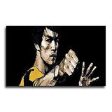 Faicai Art Famous Bruce Lee in Yellow Paintings Kung Fu HD Prints on Canvas Pop Art Black and White Art Wall Decor Graffiti Paintings for Living Room Sofa Office Decorations Wooden Framed 32"x48"