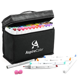 Alcohol Markers for Adults & Teens by AspireColor - 80 Color Dual Tip Markers with Alcohol Ink - Fineliner Pen, Colorless Blender & Carrying Case Included - Blendable, Fast-Drying Art Markers
