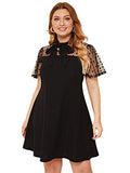 Romwe Women's Plus Size Contrast Mesh Short Sleeve Bow Tie Neck A-Line Party Dress Black 2X