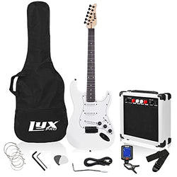 LyxPro 39 inch Electric Guitar Kit Bundle with 20w Amplifier, All Accessories, Digital Clip On Tuner, Six Strings, Two Picks, Tremolo Bar, Shoulder Strap, Case Bag Starter kit Full Size - White
