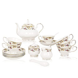 ACMLIFE Porcelain Tea Set,21-Piece English Porcelain Tea Service Set for 6,Tea Cup Set with Teapot,Sugar Bowl,Creamer Pitcher,Christmas Gifts Tea Party Sets for Women & Gift (White A)