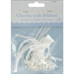 Darice VL6612 Double Heart Charms with Ribbon Tie, White/Silver, 12/Pack