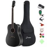 Donner DAG-1B Black Beginner Acoustic Guitar Full Size, 41" Dreadnought Guitar Bundle with Gig Bag Tuner Capo Picks Strap String