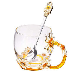 Glass Tea Cup, Mother's Day Gift Handmade Enamel Daisy Flower Coffee Cup Set with Handle, Unique Personalized Birthday Gift Ideas for Women Grandma Mom Female Friend Teachers(Daisy Golden - Short)