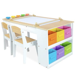 Milliard 2-in-1 Kids Art Table and Art Easel Set with Chairs for Playroom, Toddler Craft and Play Wood Activity Table with Storage Bins and Paper Roll