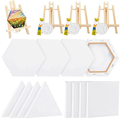48 Pcs Kids Canvases for Painting with 3 Mini Easel, 12 Pcs 6 Inches Triangle Square Hexagon Paint Canvases, 30 Paintbrushes, 3 Mini Watercolor Palettes for Oil Painting Kids Adults Canvas Art