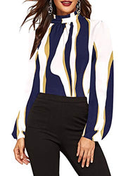 Romwe Women's Elegant Printed Stand Collar Long Sleeve Workwear Blouse Top Shirts Blue Vertical Stripe M