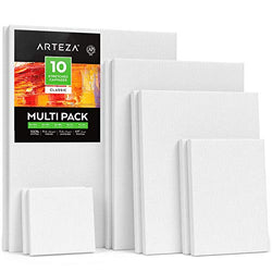 Arteza Stretched White Blank Canvas Multi Pack, 4x4", 5x7", 8x10", 9x12", 11x14" (2 of Each) Set of 10, Primed, 100% Cotton, for Acrylic, Oil, Other Wet or Dry Art Media, for Artists