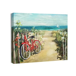 Ocean Canvas Wall Art Beach Pictures Seaside Bicycle Fence Print Seascape Painting Framed Teal Aqua Blue Calming Shoreside Artwork for Modern Coastal Themed Sea Home for Bathroom Bedroom Decor Ready to Hang 12x16 inch