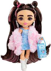 Barbie Doll, Barbie Extra Minis Doll With Brunette Hair, Kids Toys And Gifts, Denim Dress With Faux Fur Coat, Small Doll, Clothes And Accessories