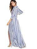 Milumia Women's Stripe V Neck Half Sleeve Split Button Up Party Maxi Dress Blue X-Small