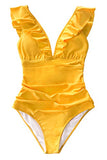 CUPSHE Women's Yellow Ruffled Lace Up One Piece Swimsuit, XL