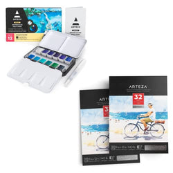 ARTEZA Watercolor Paint Set with Water Brush, 12 Watercolor Half Pans in Ocean Tones Watercolor Sketchbook 9x12 inch, Pack of 2, Art Supplies for Painting Stunning Seascapes