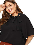 Romwe Women's Plus Size Short Sleeve Stand Collar Pleated Tied Neck Knot Summer Blouse Top Black 2XL