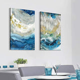 Abstract Blue Art Wall Painting: Canvas Wall Art Hand Painted Embellishment Gold Foils Artwork for Office (24'' x 36'' x 2 Panels)