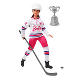 Barbie Winter Sports Hockey Player Brunette Doll, Curvy Shape (12 in) with Jersey, Helmet, Hockey Stick, Puck & Trophy, Great Gift for 3 and Up