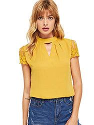 Romwe Women's Elegant Lace Short Sleeve Sexy Keyhole Blouse Shirt (Large, Yellow)