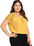 Romwe Women's Plus Size Short Sleeve Round Neck Lace Hollow Elegant Blouse Yellow 1X Plus