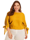 Romwe Women's Plus Size 3/4 Sleeve Pearl Beaded Tie Knot Cuff Solid Blouse Tops Shirt Yellow Bright 4X Plus