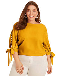 Romwe Women's Plus Size 3/4 Sleeve Pearl Beaded Tie Knot Cuff Solid Blouse Tops Shirt Yellow Bright 4X Plus
