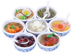 ANNI STAR Play Food for Kids Kitchen, Mini Toy Food Chinese Blue and White Pottery Sweet Soup Syrup Noodle Bowls, Dollhouse Accessories, 7Pcs