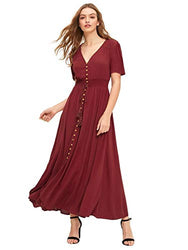 Milumia Women's Button Up Split Flowy Short Sleeve Plain A Line Party Maxi Dress Burgundy X-Small
